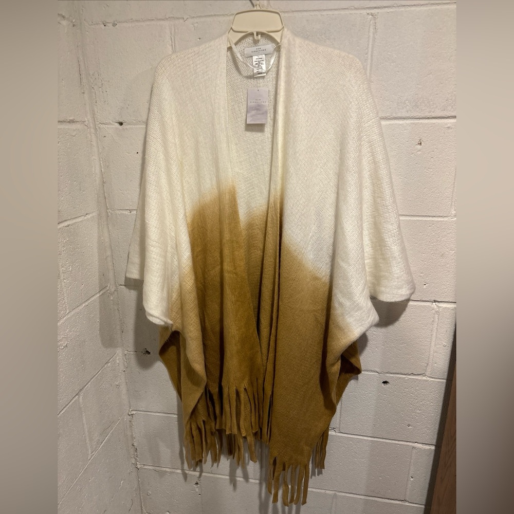 New Directions open front sweater shawl fringe hem ivory beige
